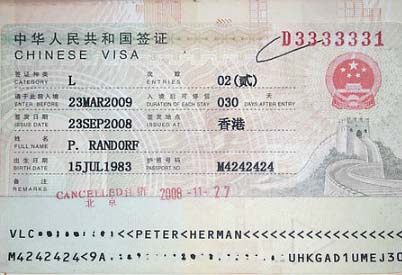 visa touristique pour la Chine